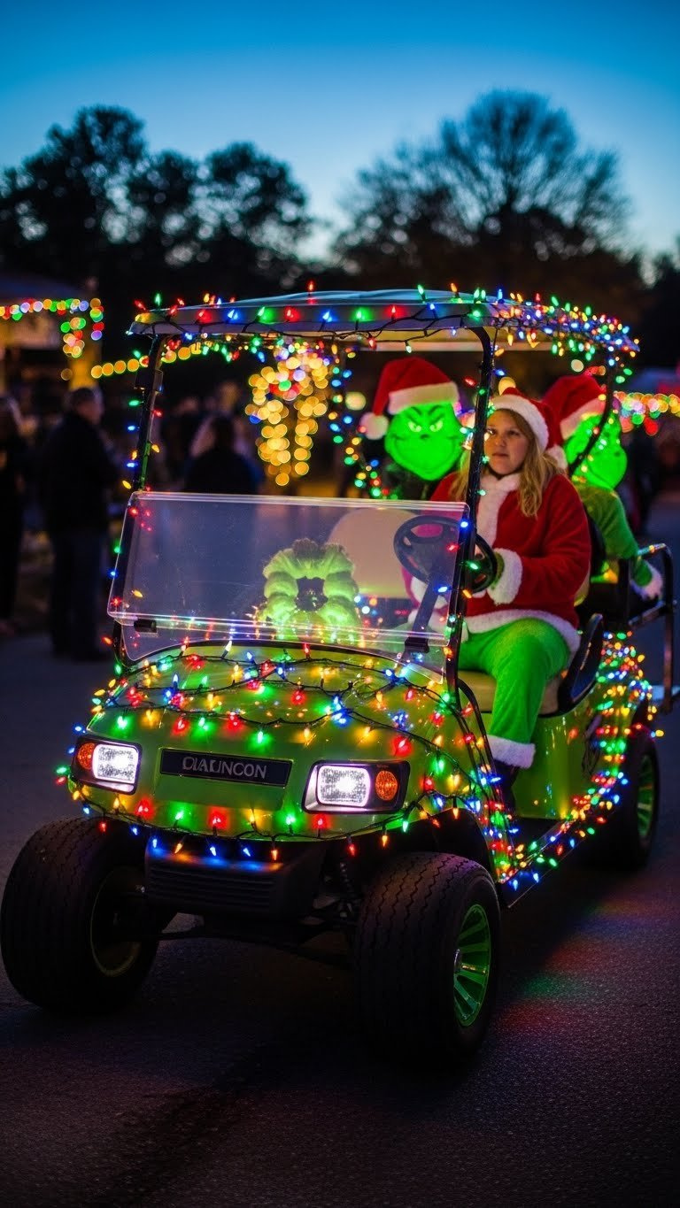 Grinch Golf Cart Covered In Multi-Colored Led String Lights Creating Dazzling Festive Glow At Dusk During Nighttime Parade Celebrations.