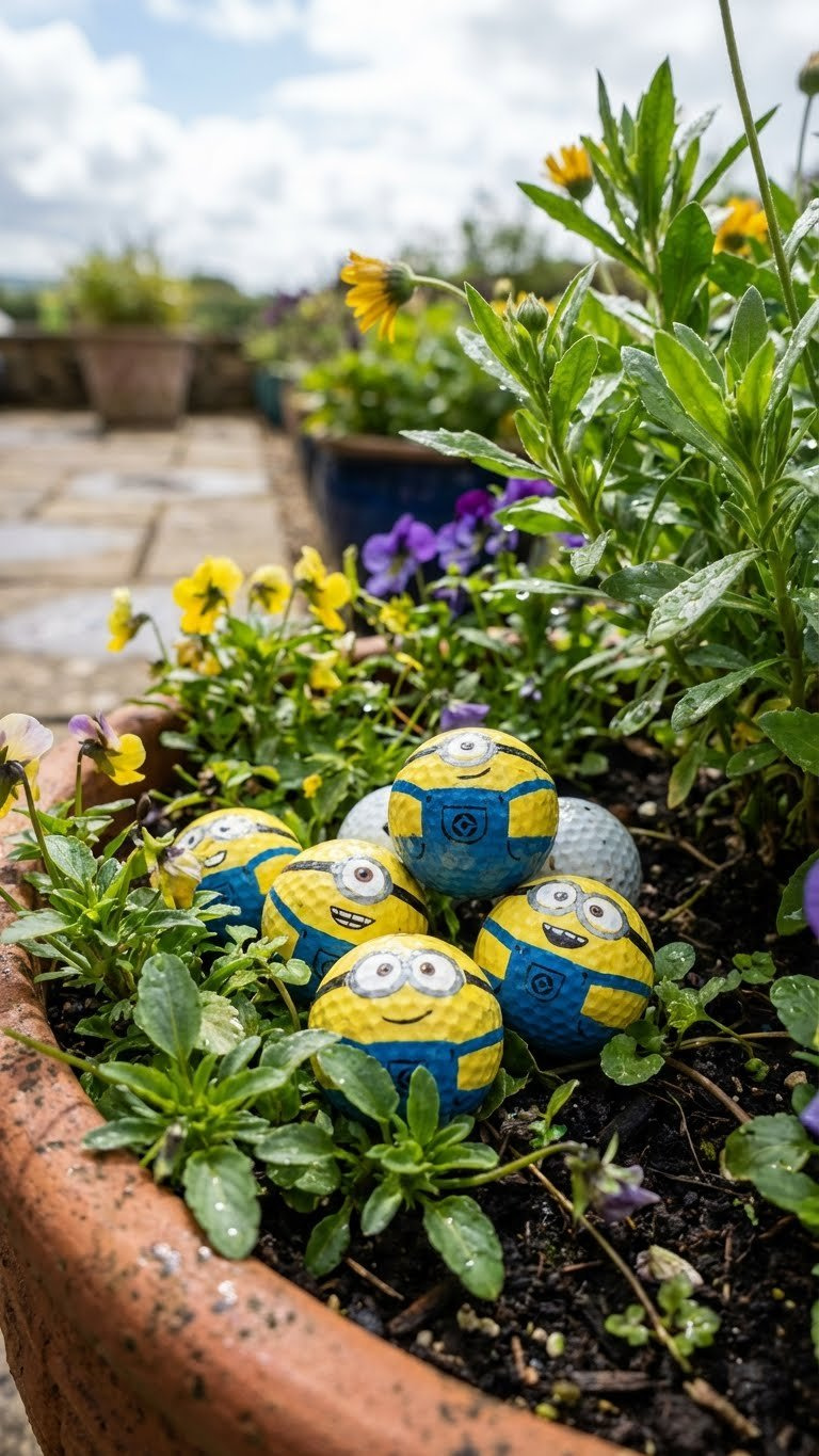 Minion Golf Ball Crafts: 11 Unique Diy Ideas &Amp; Designs Group Of Cheerful Minion Golf Ball Garden Decor Nestled Among Vibrant Green Foliage And Colorful Flowers In A Planter, Perfect For Outdoor Display.