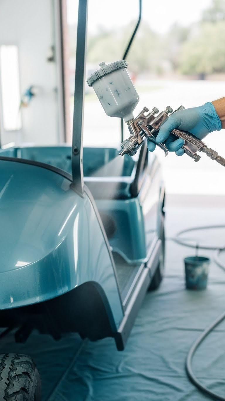 Hvlp Spray Gun Applying Paint To Golf Cart Panel With Painter Wearing Gloves And Respirator