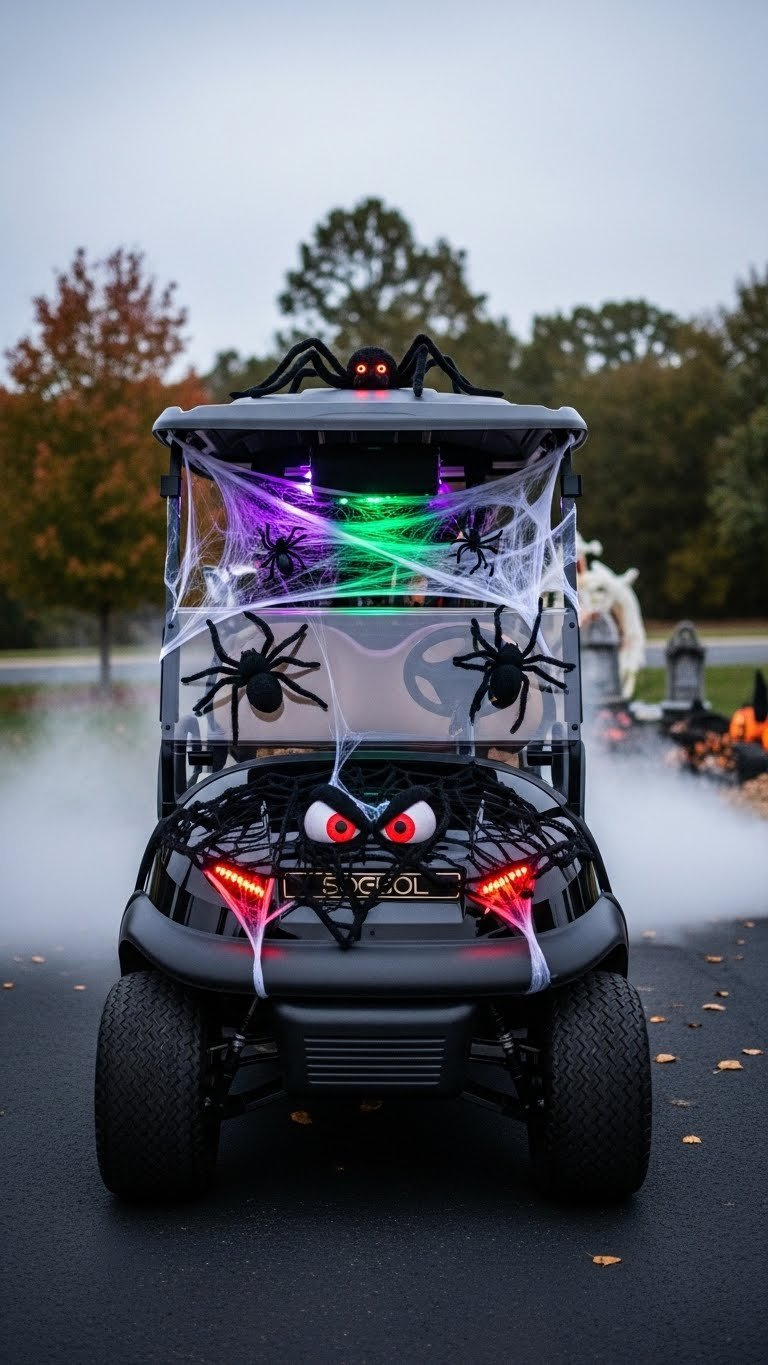 Halloween-Decorated Golf Cart With Purple And Green Accent Lights, Spiderwebs, And Glowing Red Led Eyes On Asphalt Driveway At Dusk