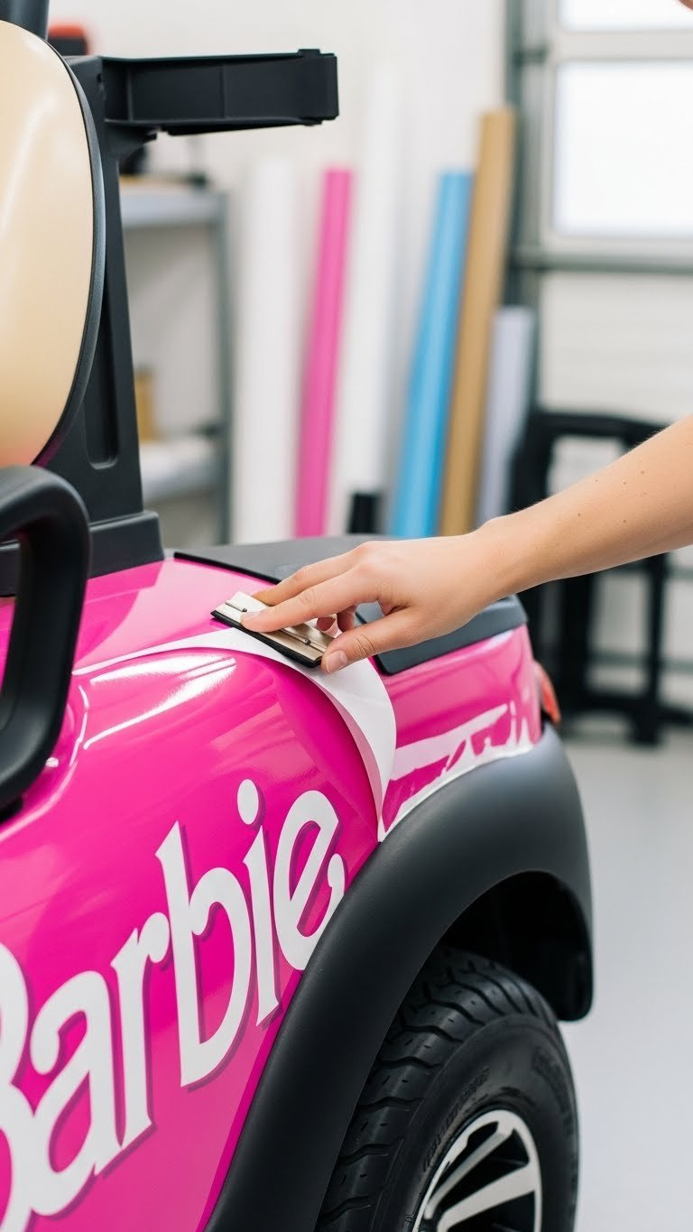 Hand Applying Barbie-Themed Vinyl Decal To Golf Cart Side Panel With Professional Tools In Background