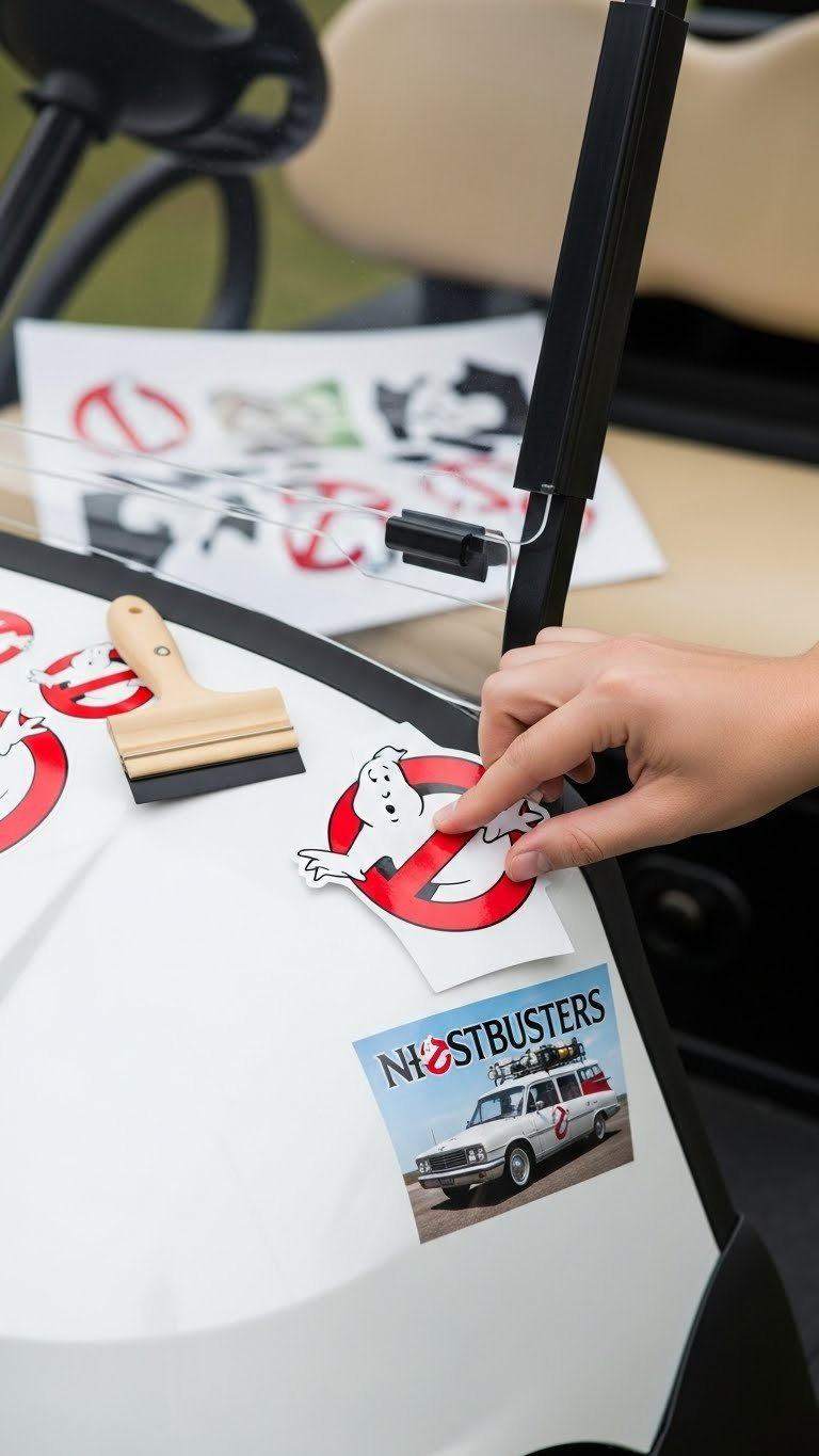 Hand Applying Ghostbusters No-Ghost Logo Vinyl Decal To White Golf Cart Panel With Application Tools Nearby