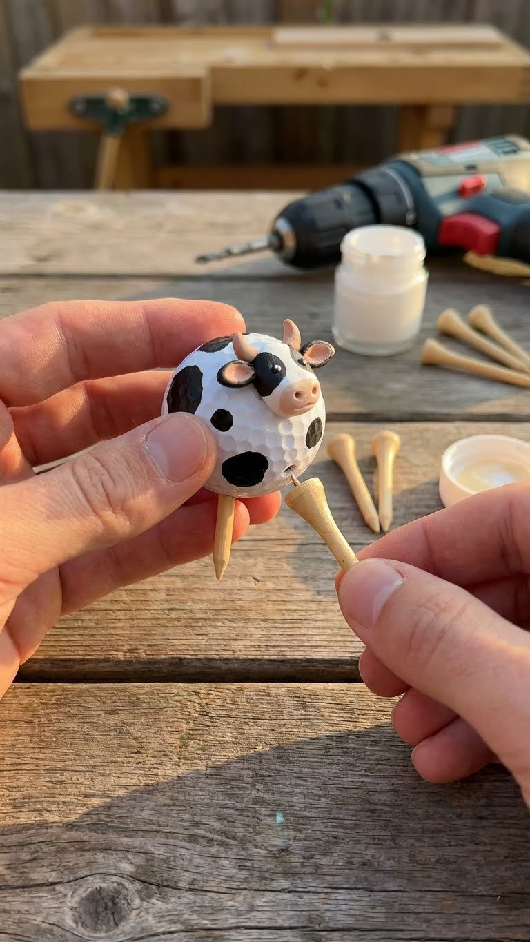 Golf Ball Cow Craft: Easy Guide To Cute Diy Decor Hand Attaching A Wooden Golf Tee Leg To A Golf Ball Cow, With Extra Tees On A Rustic Wooden Table.