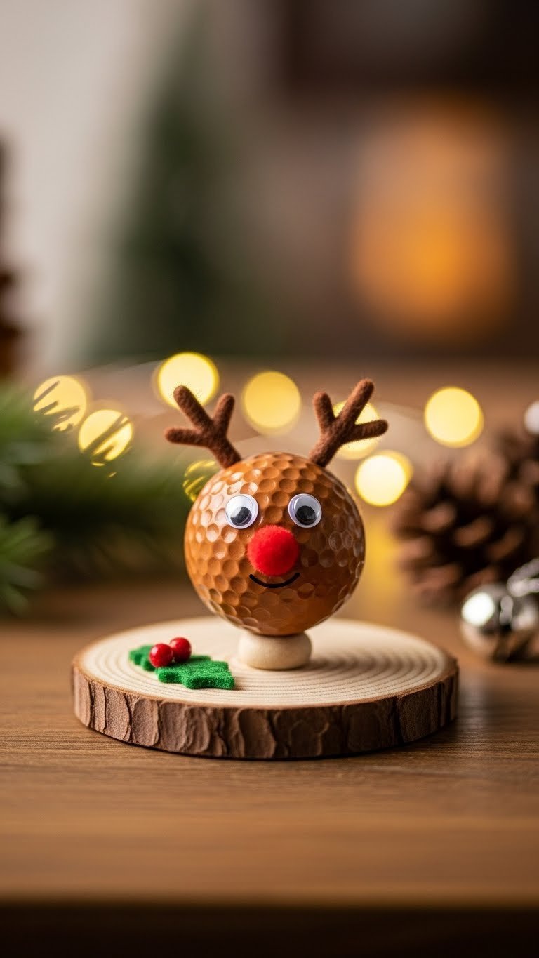 Hand-Crafted Golf Ball Reindeer Figurine With Antlers And Red Nose On Rustic Wooden Table