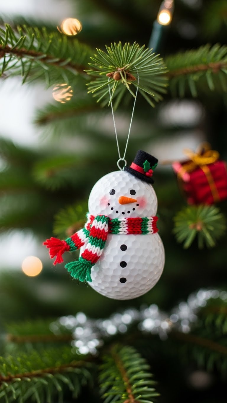 Hand-Crafted Golf Ball Snowman Ornament Hanging From Christmas Tree Branch With Festive Details