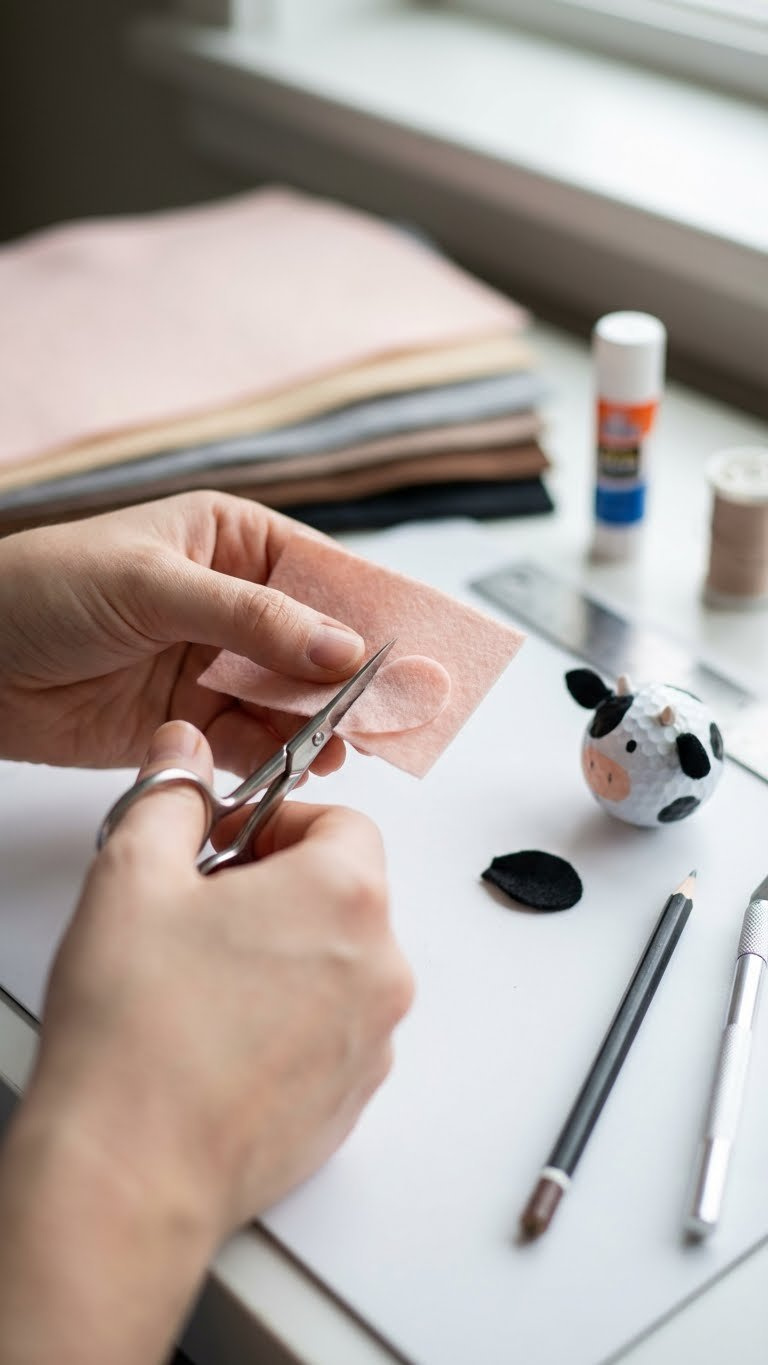 Golf Ball Cow Craft: Easy Guide To Cute Diy Decor Hand Cutting A Pink Felt Ear With Tiny Craft Scissors, Next To A Black Felt Ear And A Partially Painted Golf Ball Cow.