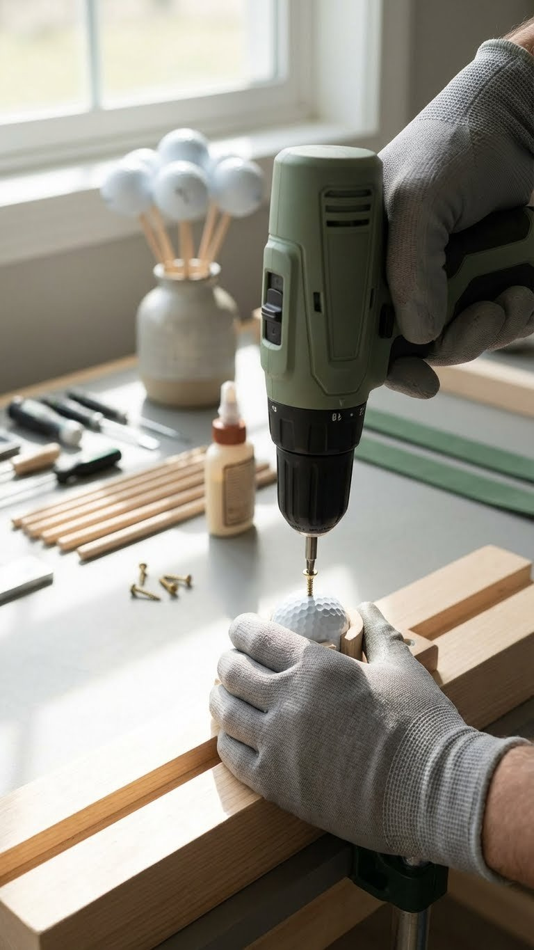 Hand Drilling Golf Ball With Cordless Drill For Diy Bouquet. Craft Project In Progress On Workbench With Tools And Supplies.