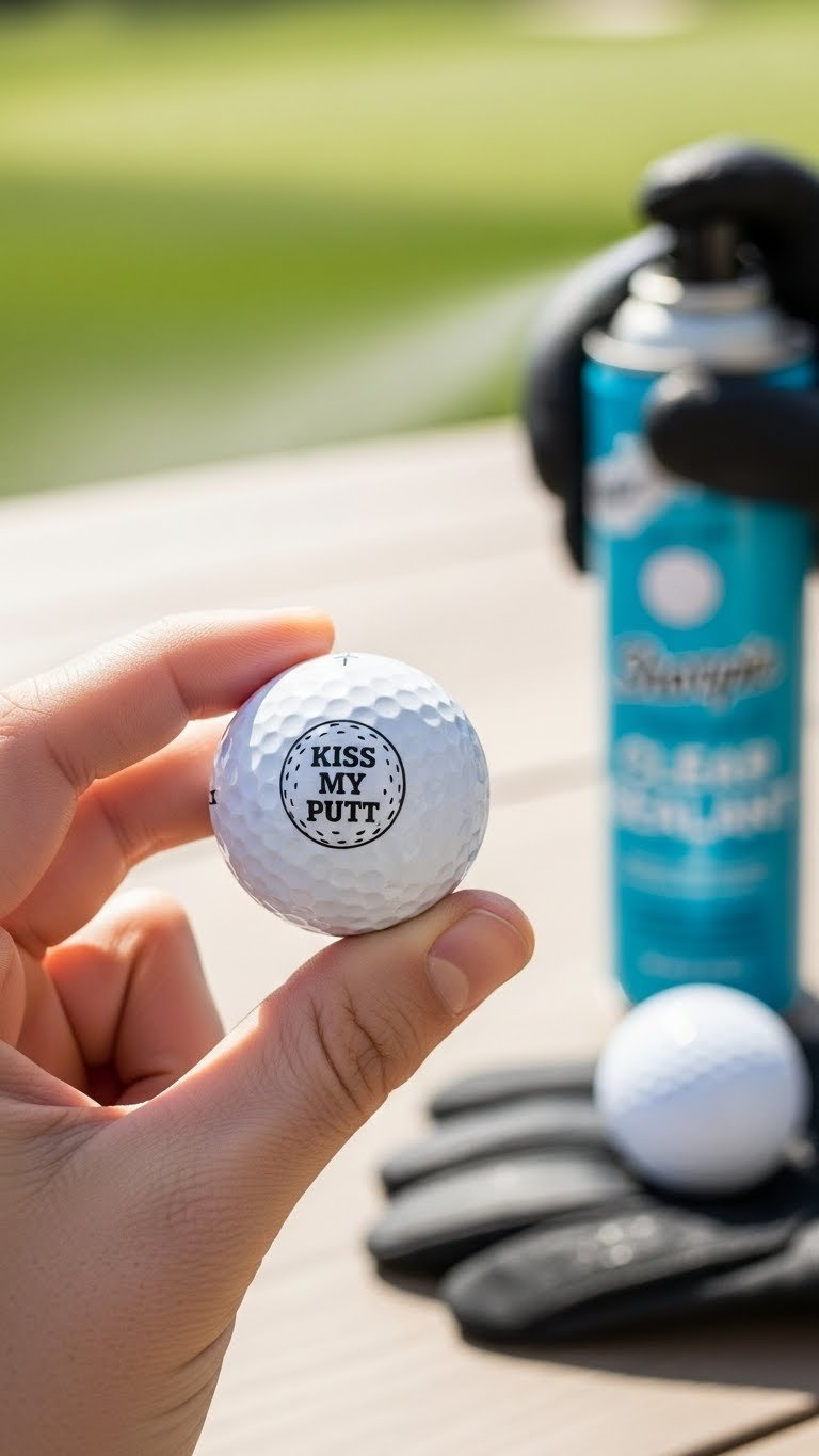 Hand Holding Freshly Sealed Golf Ball With Glossy 'Kiss My Putt' Sharpie Design Against Blurred Outdoor Background
