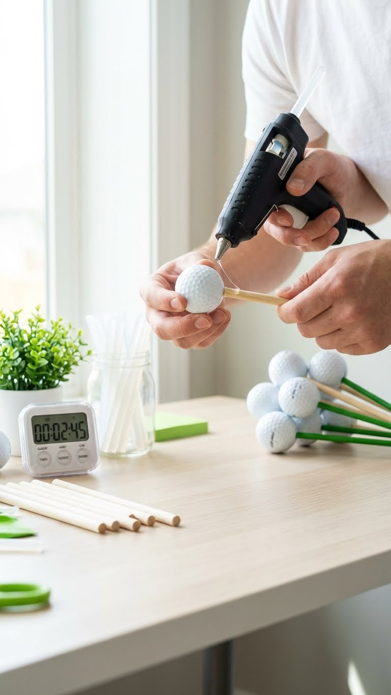 Hand Hot Gluing Golf Ball To Dowel Rod For Quick Diy Golf Bouquet. Craft In Progress On Clean Table With Supplies.