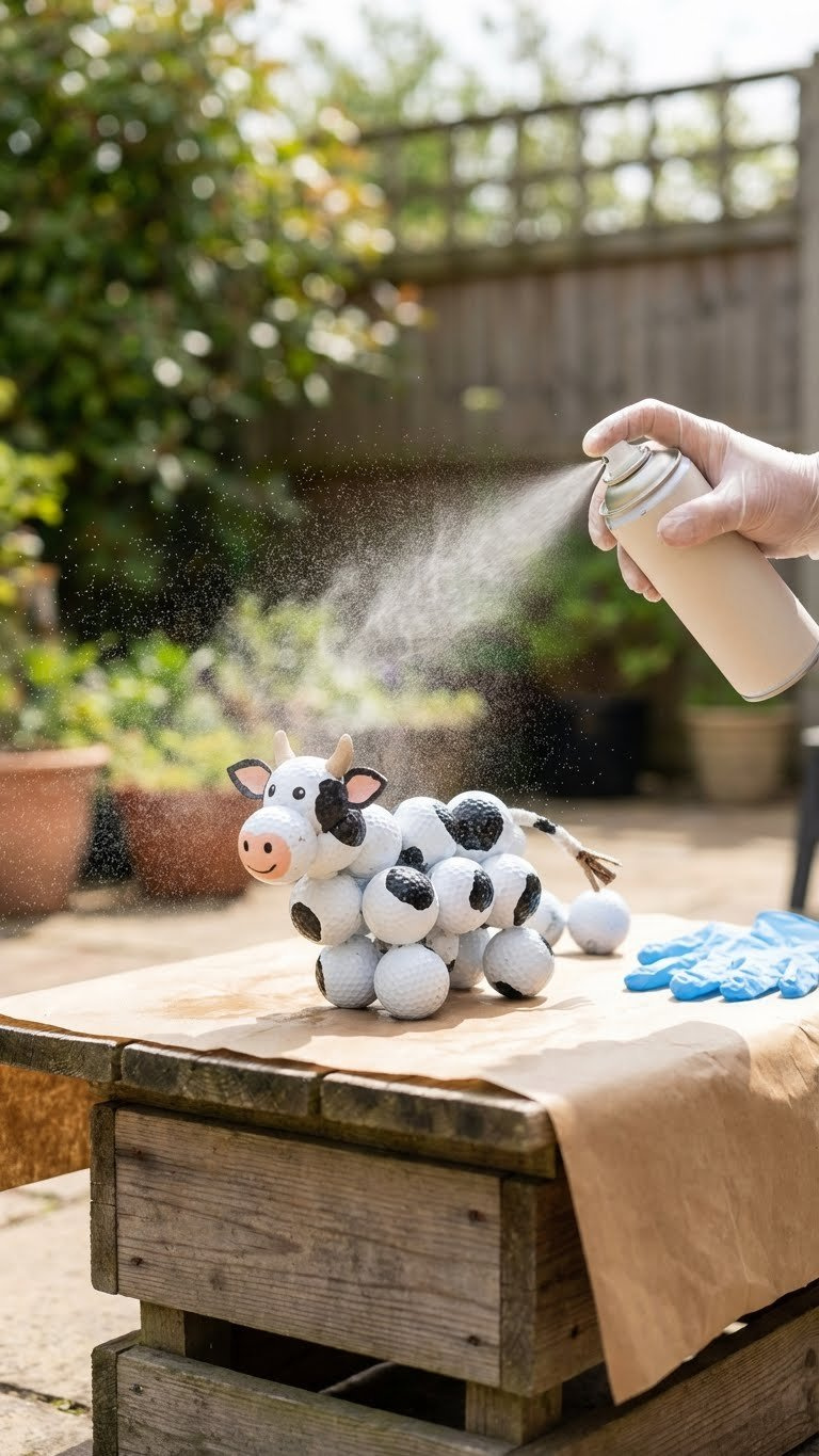 Golf Ball Cow Craft: Easy Guide To Cute Diy Decor Hand Misting A Completed Golf Ball Cow Craft With Clear Spray Sealant Outdoors On A Protective Sheet In A Garden Setting.