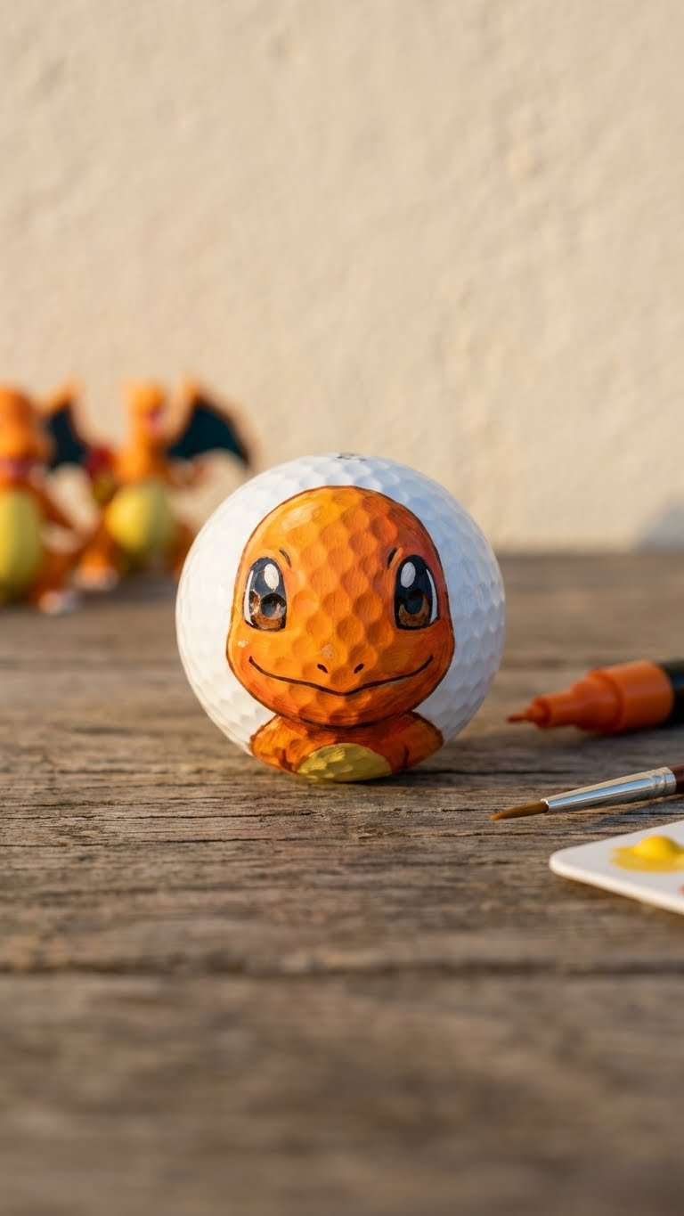Golf Ball Crafts Pokemon: 7 Easy Diy Ideas For Kids &Amp; Fans Hand-Painted Charmander Golf Ball, Vibrant Orange With Expressive Eyes And A Happy Smile, On A Rustic Table With A Paint Pen.