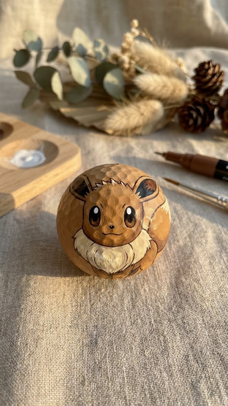 Golf Ball Crafts Pokemon: 7 Easy Diy Ideas For Kids &Amp; Fans Hand-Painted Eevee Golf Ball, Warm Brown With Expressive Eyes And Fluffy Ruff, On Beige Linen With A Paint Pen.