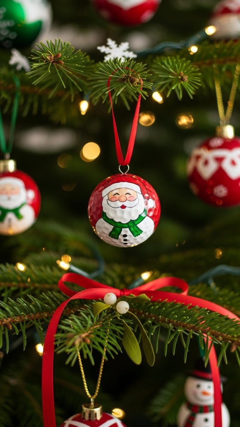 Hand-Painted Golf Ball Santa Ornament Hanging From Red Ribbon On Christmas Tree Branch