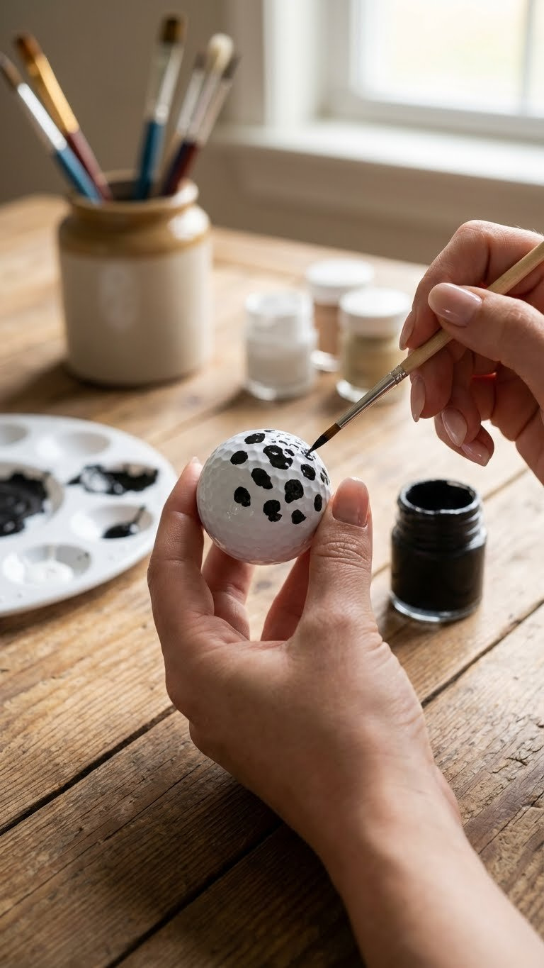 Golf Ball Cow Craft: Easy Guide To Cute Diy Decor Hand Painting Black Cow Spots On A White Golf Ball With A Fine Brush On A Wooden Table, Surrounded By Craft Supplies.