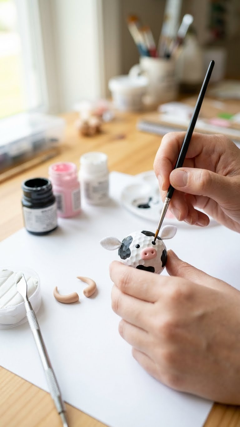Golf Ball Cow Craft: Easy Guide To Cute Diy Decor Hand Painting Black Eyes And Pink Nose Onto A Golf Ball Cow With Felt Ears, Near Polymer Clay Horns On A White Surface.