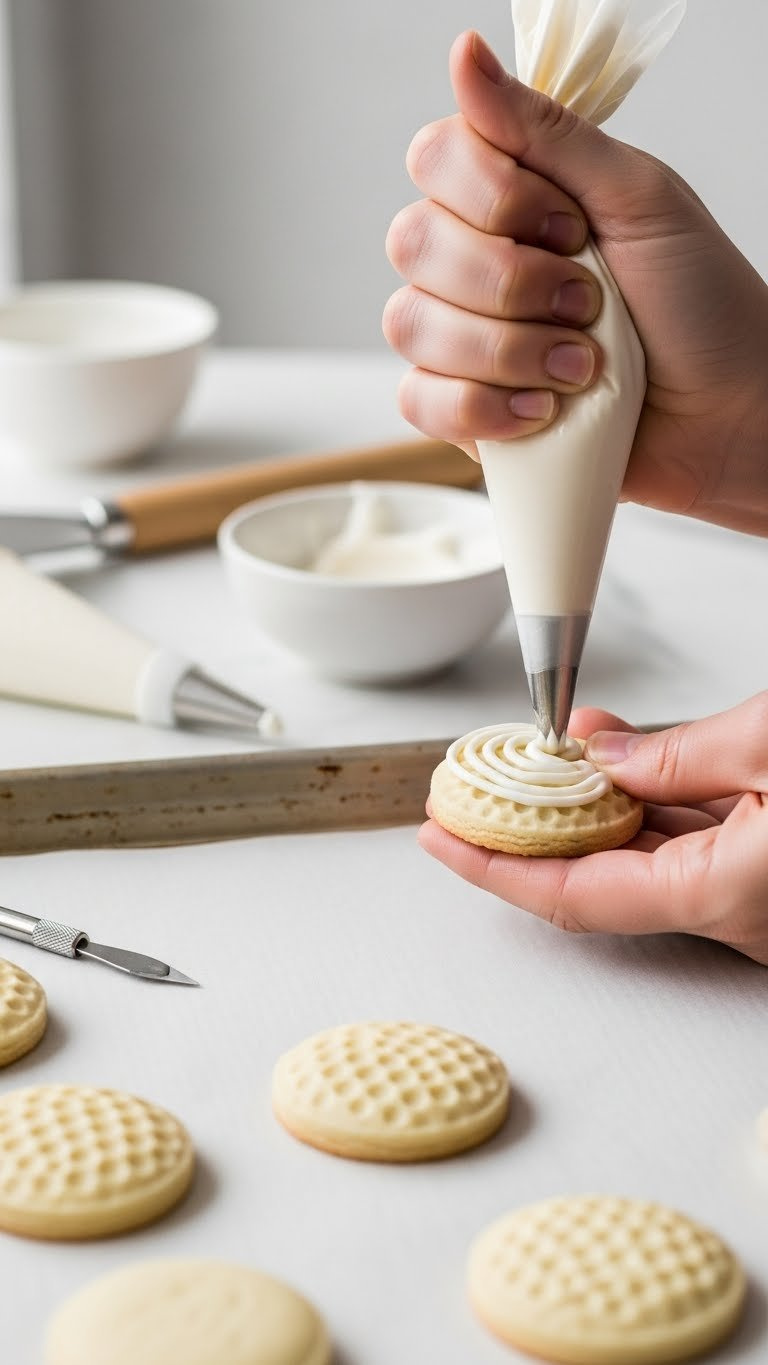 Hand Piping White Royal Icing Onto Baked Golf Ball Cookie With Precision Decorating Technique