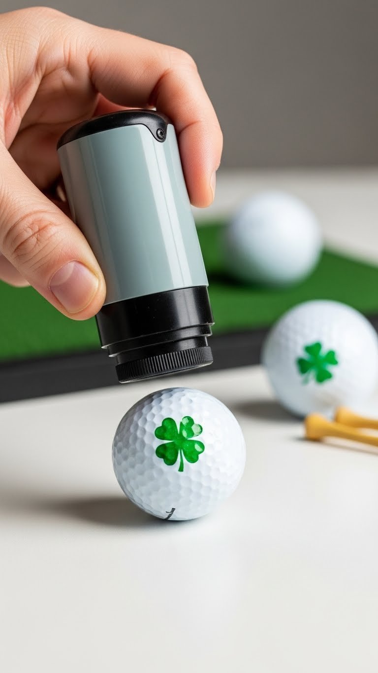 Hand Pressing Self-Inking Golf Ball Stamper Creating Crisp Green Four-Leaf Clover Mark On White Golf Ball With Minimalist Setup