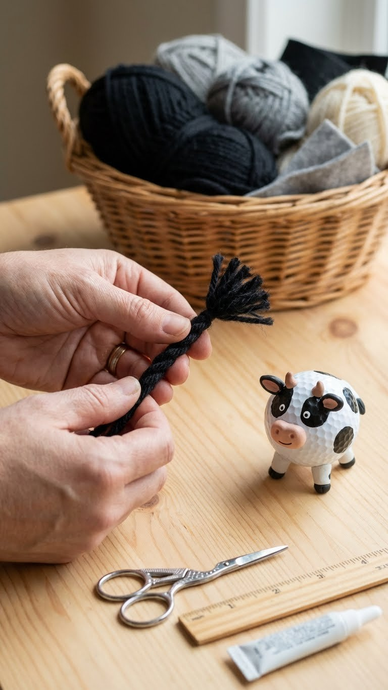 Golf Ball Cow Craft: Easy Guide To Cute Diy Decor Hand Twisting Black Yarn Into A Cow'S Tail Shape For A Golf Ball Craft, With A Partially Complete Cow In Background.