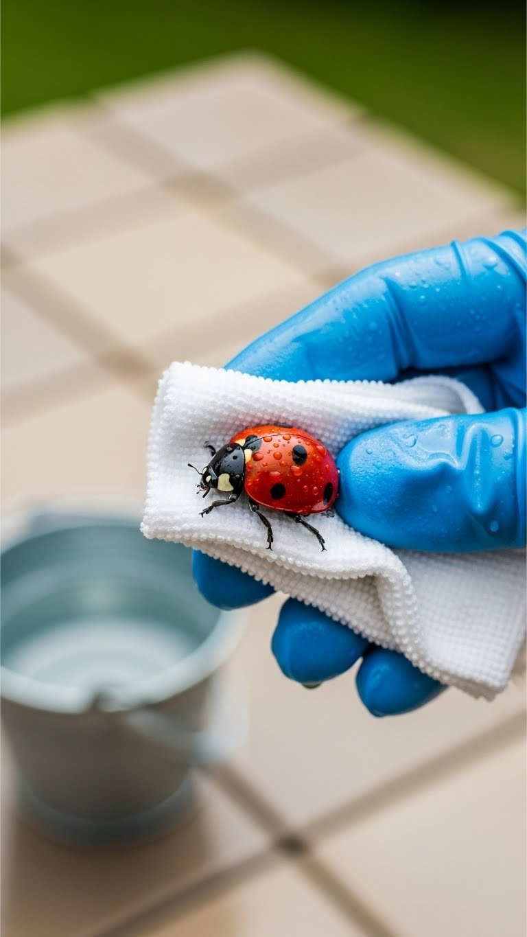 Hand Wiping Clean Golf Ball Ladybug With Damp Cloth Showing Water Droplets On Outdoor Patio