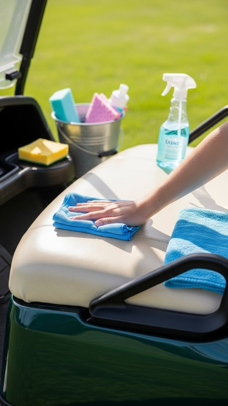 Hand Wiping Clean Marine Vinyl Golf Cart Seat Cover With Microfiber Cloth And Cleaning Spray Bottle Visible