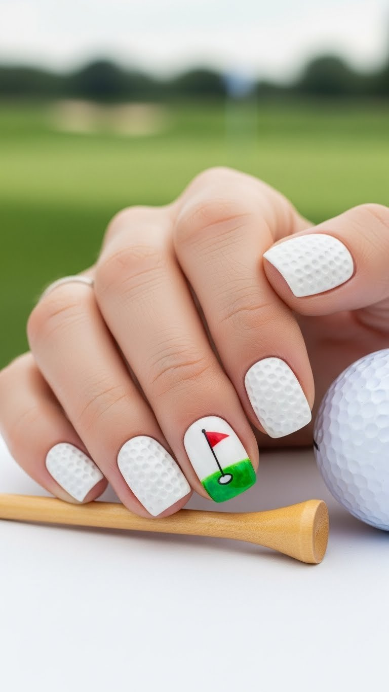 Hand With Four White Golf Ball Textured Nails And Green Putting Green Accent Nail Featuring Tiny Flag Pole