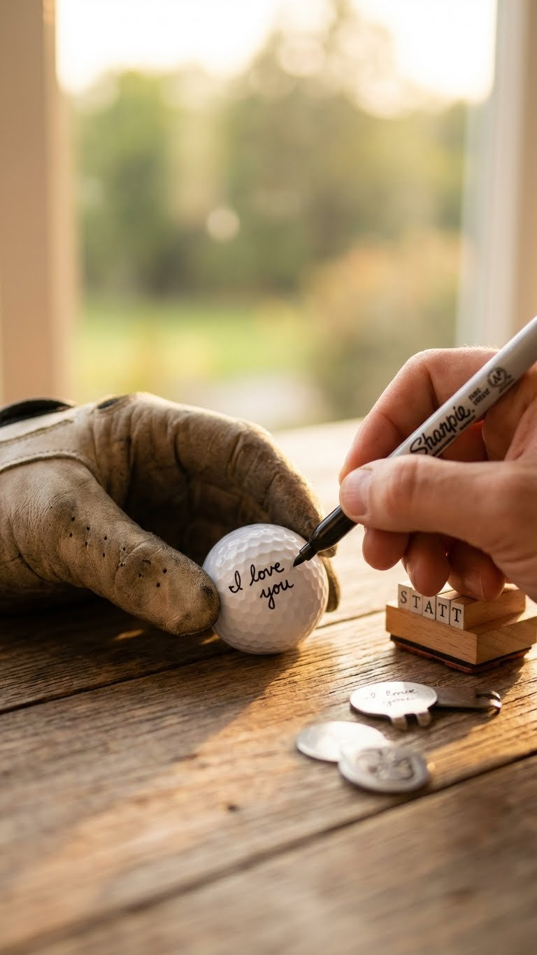 Hand Writing 'I Love You' On A Golf Ball With A Fine-Tip Marker, Creating A Personalized Golf Gift On A Wooden Table.