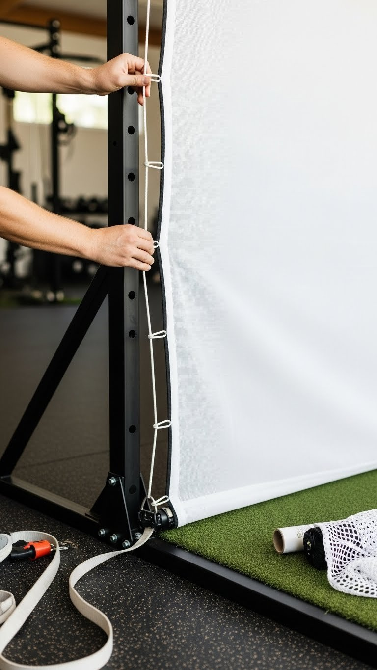 Hands Carefully Install A White Golf Simulator Impact Screen Onto A Black Metal Frame With Bungee Cords, Showing Precise Setup.