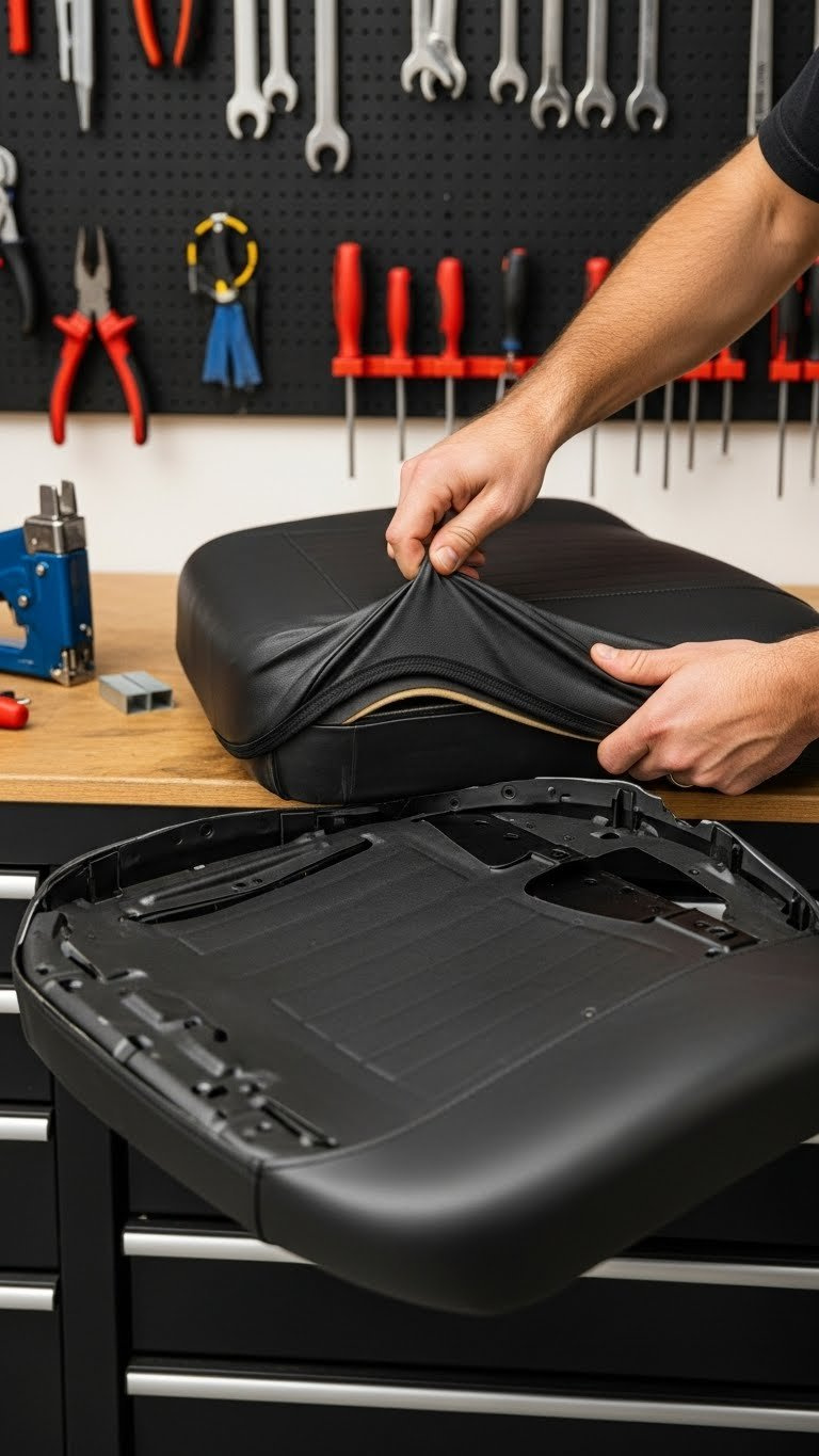 Hands Installing Black Marine Vinyl Golf Cart Seat Cover With Staple Gun On Disassembled Seat Base In Workshop
