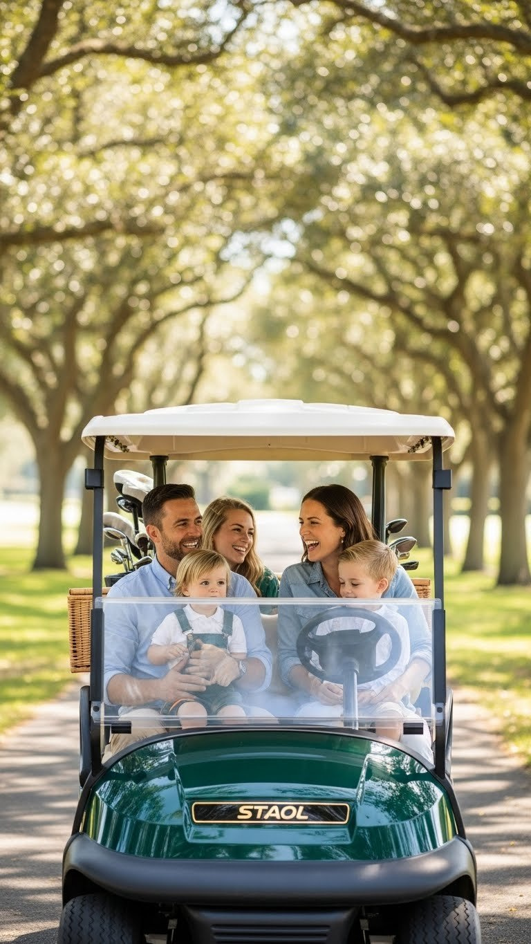 Happy Family Riding Together In Modern Golf Cart Through Sunny Park Setting With Picnic Basket