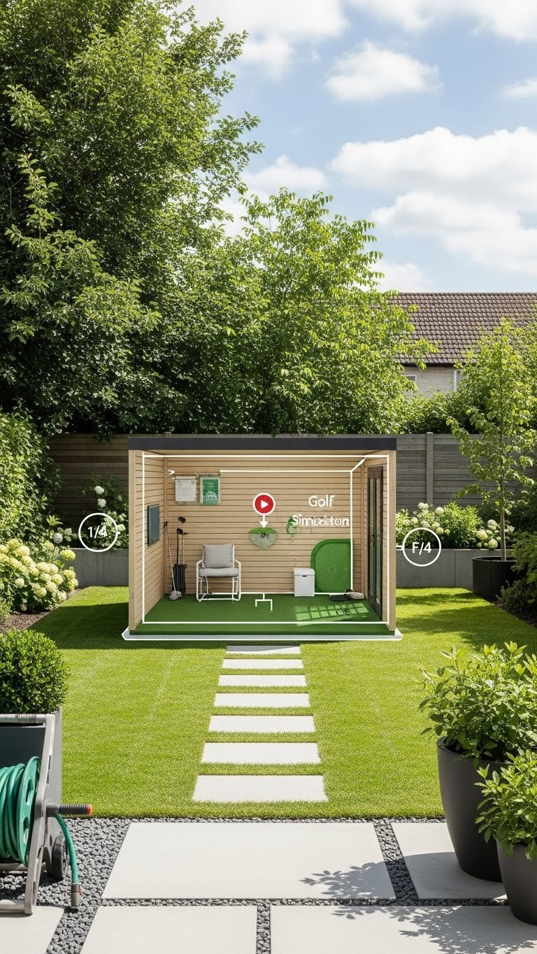 Golf Simulator Shed: Plan, Build, Design &Amp; Cost Guide High-Angle View Of A Clean Backyard Showing The Planned Layout For A Golf Simulator Shed With Subtle Markers And Surrounding Greenery.