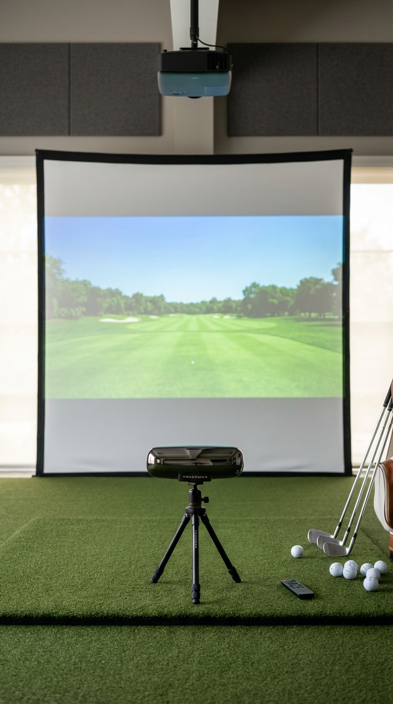 Rustic Golf Simulator Room: Expert Planning &Amp; Design High-End Trackman Launch Monitor On Hitting Mat With Golf Impact Screen Displaying Realistic Course Image In Background