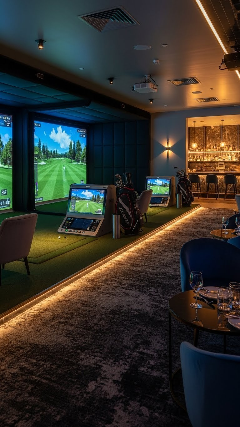 7 Expert Commercial Golf Simulator Room Designs High-End Golf Simulator Lounge With Vibrant Screen, Comfortable Seating, Warm Lighting, And A Bar, Perfect For Luxury Indoor Golf.