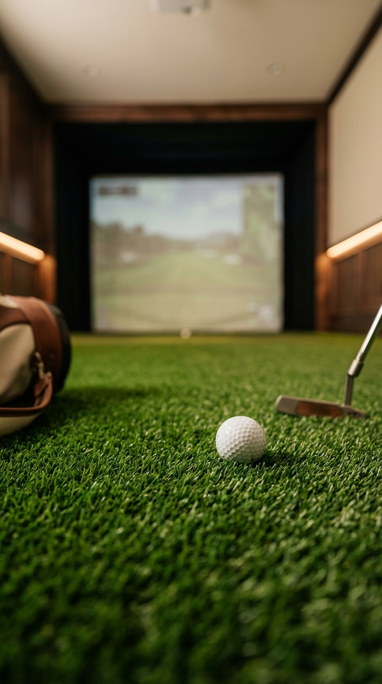 Golf Simulator Room Flooring Complete Buyer Guide For Homes High-End Home Golf Simulator Room With Lush Artificial Turf Flooring And Premium Golf Ball On Emerald Green Surface