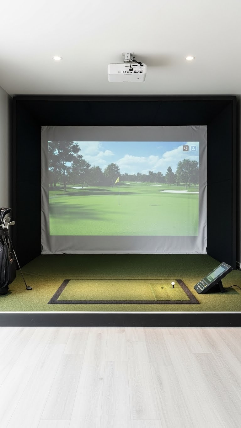 Golf Simulator Room Small Space Complete Setup Guide High-Quality Golf Impact Screen Filling Wall Of Compact Simulator With Ambient Lighting