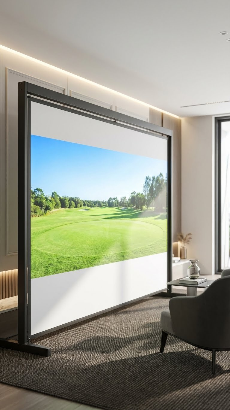 High-Resolution, Taut Golf Impact Screen Displaying A Vibrant Golf Course Projection Within A Securely Framed Enclosure In A Luxurious Simulator Room.