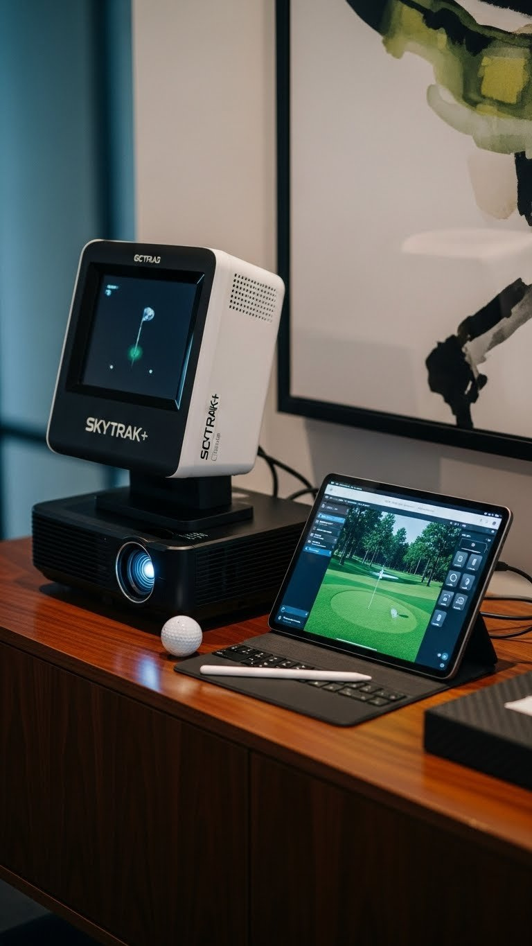 High-Tech Golf Simulator Equipment Including Launch Monitor, Projector, And Tablet On Polished Dark Wood Surface.