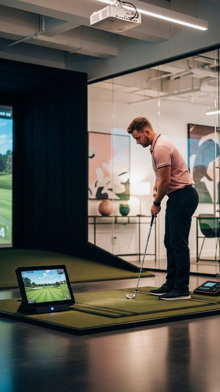 High-Tech Golf Simulator Setup With Launch Monitor, Projector Screen, And Professional Golf Mat In Modern Office Environment.