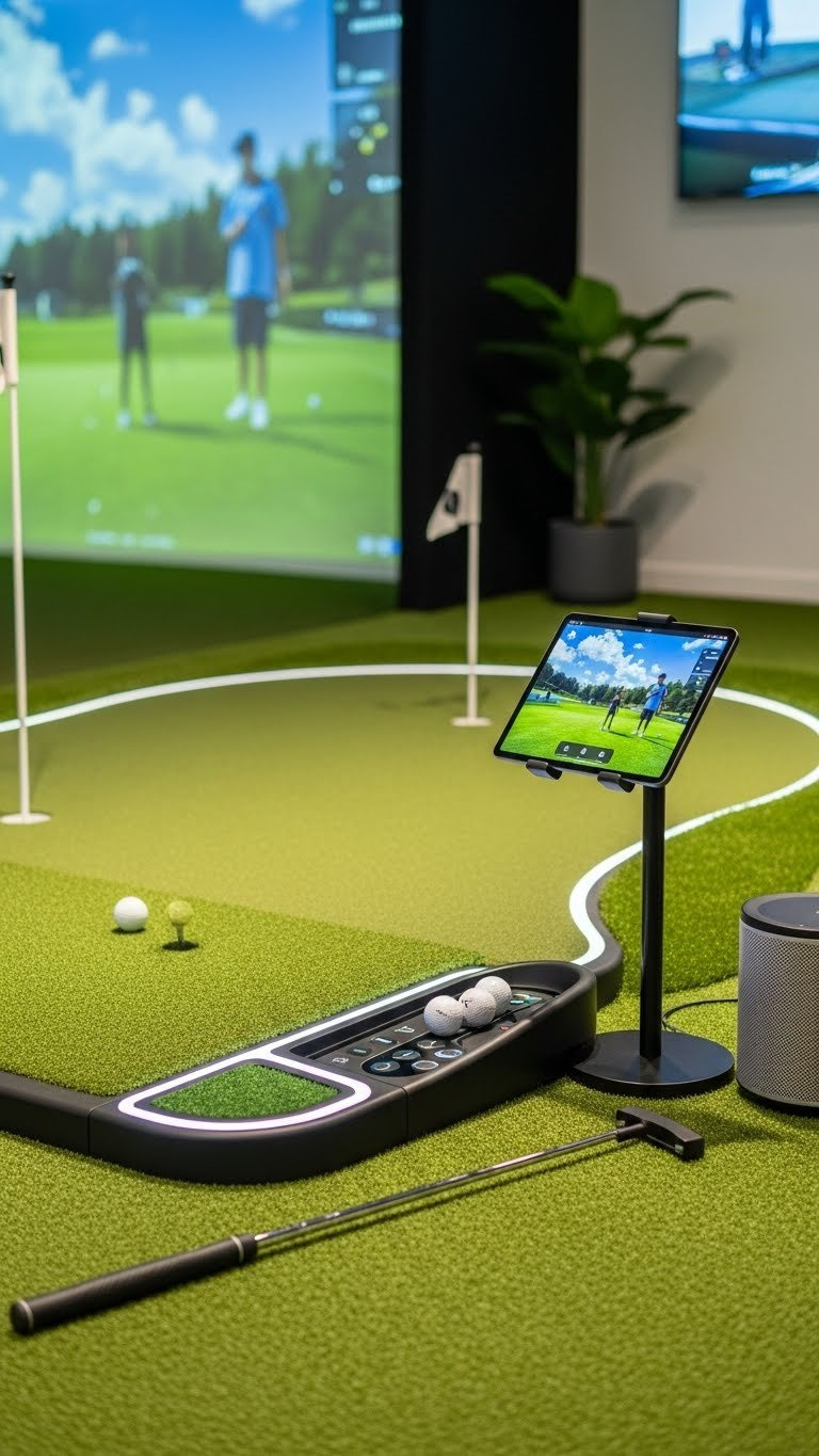 High-Tech Indoor Putting Green With Led Lighting And Smart Tablet Control Next To Golf Simulator Bay.