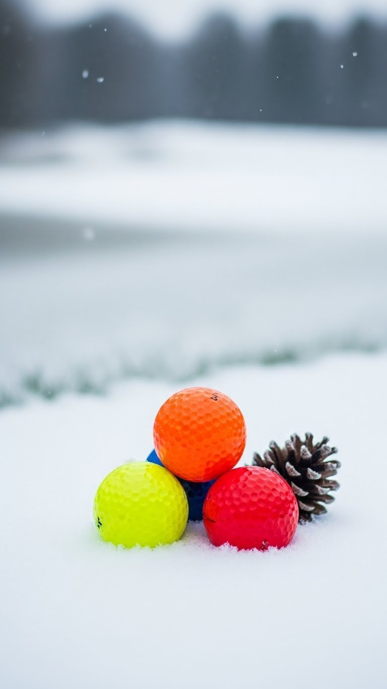 High-Visibility Winter Golf Balls In Bright Neon Colors Arranged On Fresh Snow-Covered Golf Course