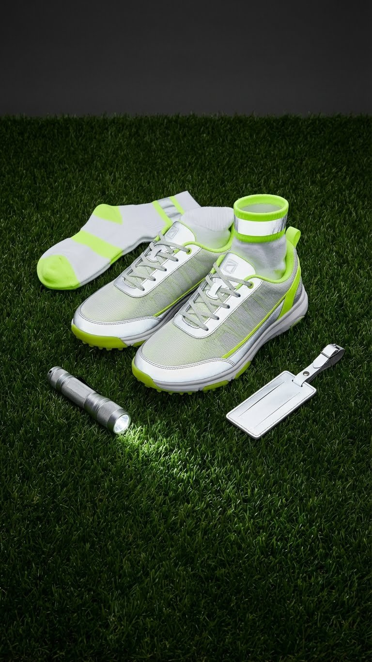 Highly Visible Reflective Golf Shoes With Neon Socks And Ankle Band On Dark Green Turf For Night Golf Safety.