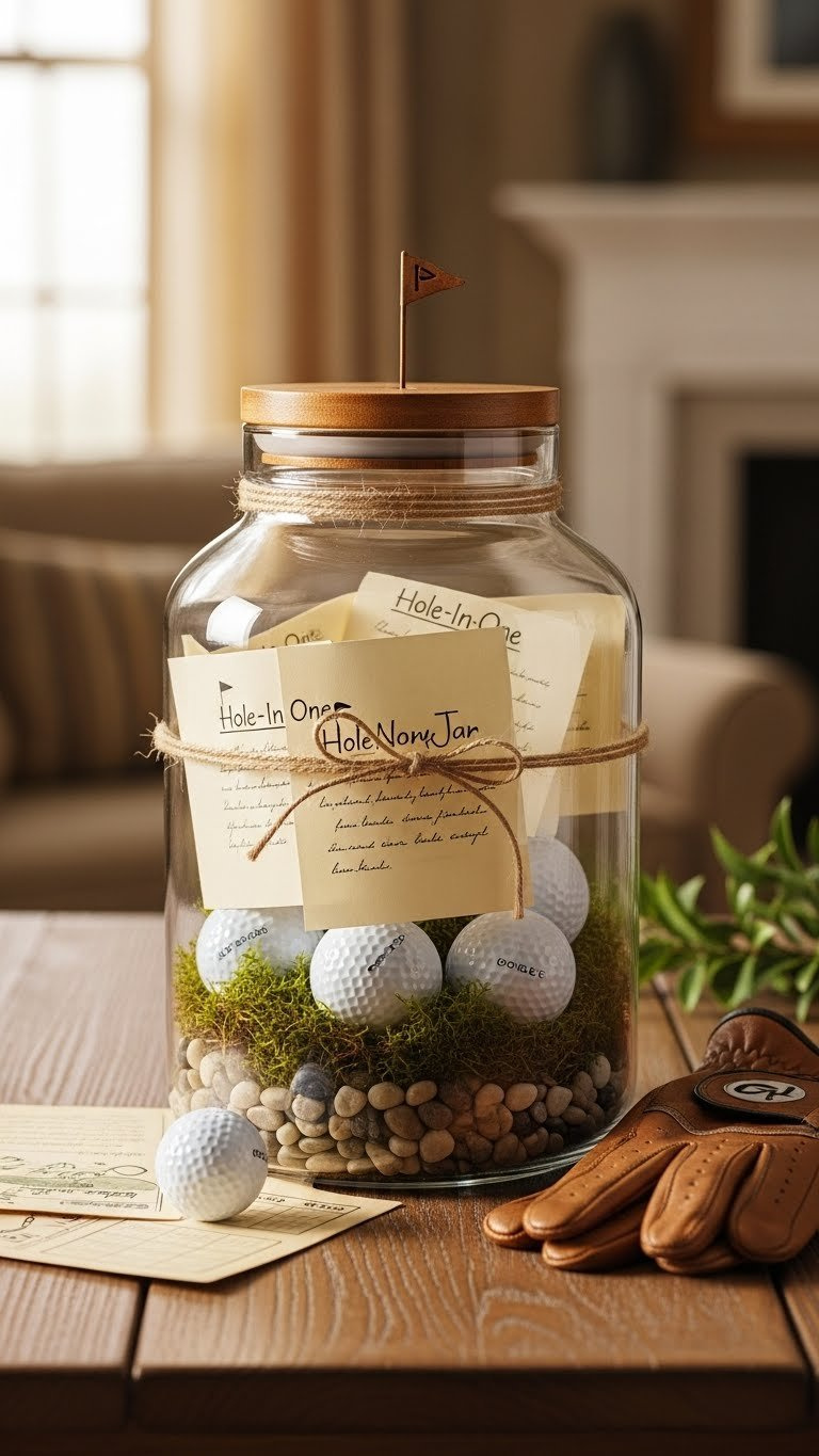 'Hole-In-One' Memory Jar With Golf Balls, Personalized Notes, Moss, And A Golf Flag Lid On A Rustic Table.