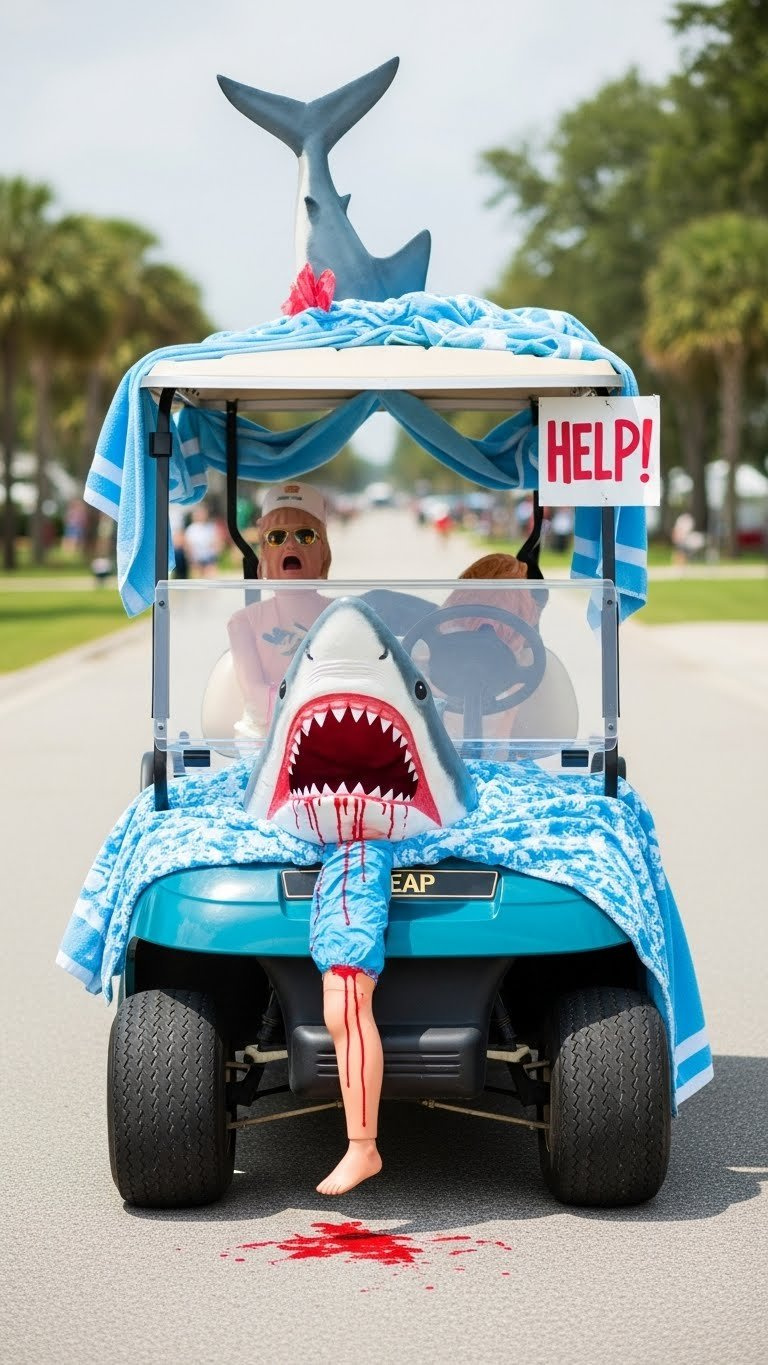 Humorous Shark Attack Scene Golf Cart With Playful Shark Biting Dummy Leg And Exaggerated Splashes