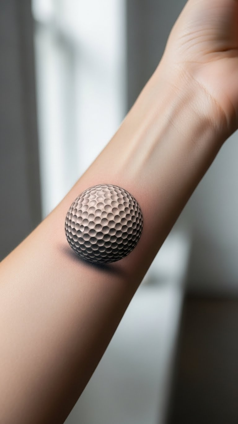 Hyperrealistic 3D Golf Ball Tattoo On Forearm With Detailed Dimple Patterns And Subtle Shading Creating Depth Illusion
