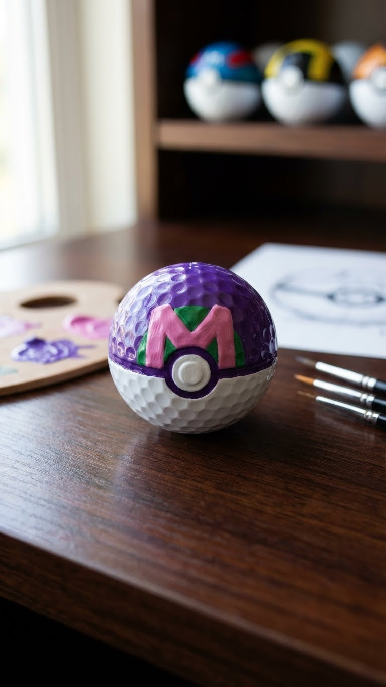 Golf Ball Crafts Pokemon: 7 Easy Diy Ideas For Kids &Amp; Fans Hyperrealistic Master Ball Golf Ball, Purple, White, Pink 'M', Green Accents, On Dark Wood With Fine Detail Brushes.