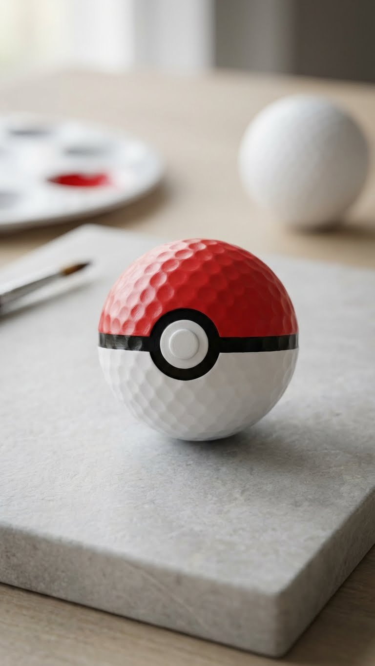 Golf Ball Crafts Pokemon: 7 Easy Diy Ideas For Kids &Amp; Fans Hyperrealistic Close-Up Of A Custom Red And White Poke Ball Golf Ball, Perfectly Painted On A Grey Stone Surface With Craft Supplies.