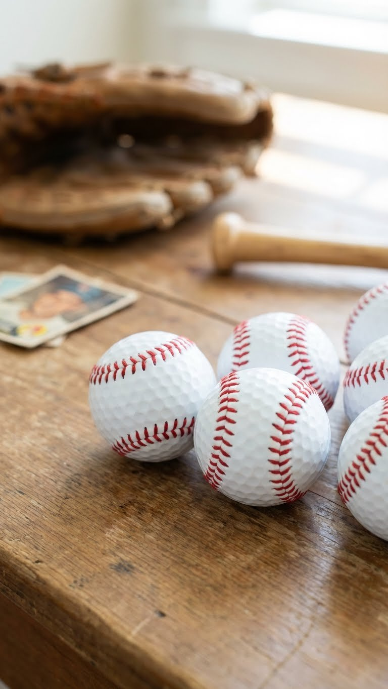 Golf Ball Crafts Baseball: Easy Diy Ideas For Art &Amp; Gifts Hyperrealistic Photograph Of Miniature Baseballs Made From Golf Balls With Red Stitching On A Rustic Wooden Table, Soft Bokeh Background.