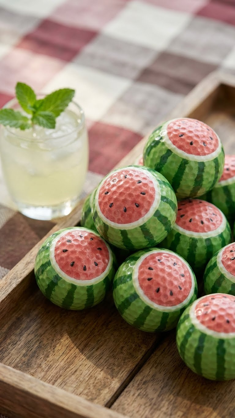 7 Creative Fruit Golf Ball Crafts: Easy Diy Ideas Hyperrealistic Watermelon Slice Golf Balls On A Rustic Wooden Tray With Lemonade And Mint Leaves, Evoking A Fresh Summer Picnic.