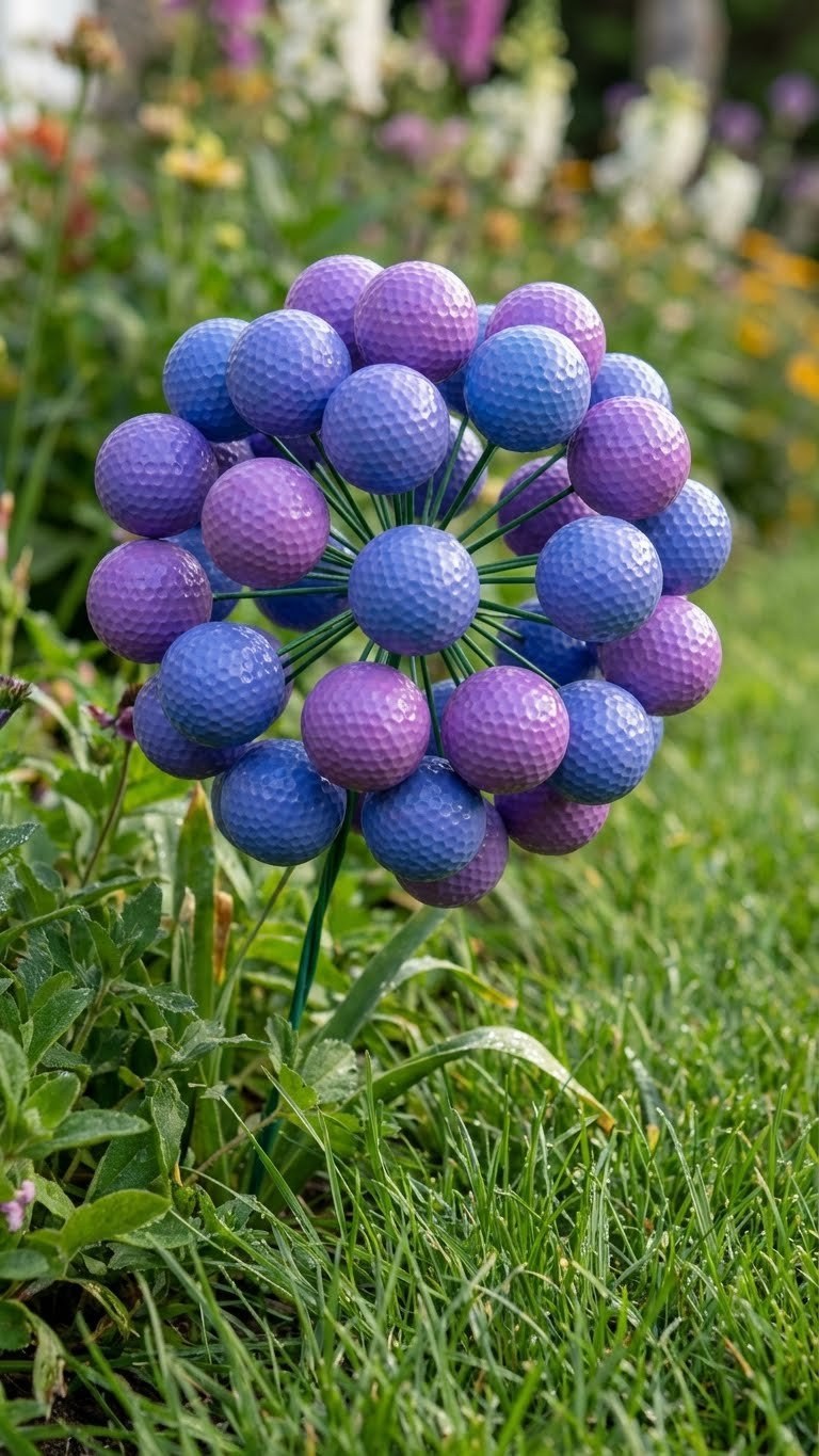 Hyperrealistic Whimsical Allium Flowers Crafted From Vibrant Purple And Blue Golf Balls On Green Stems In A Lush Garden, Perfect Diy Garden Decor.