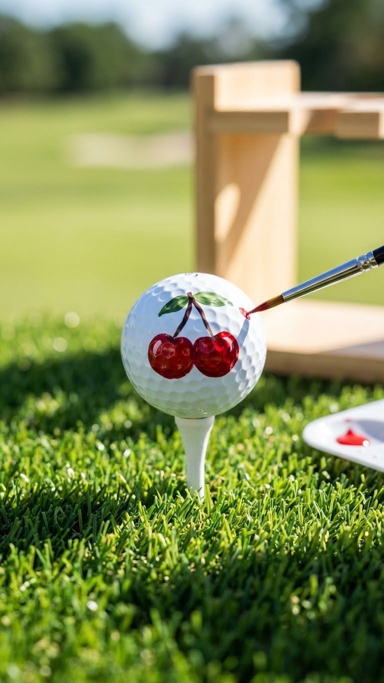 Craft Cherry Golf Balls: 7 Unique &Amp; Easy Diy Ideas Hyperrealistic White Golf Ball Hand-Painted With Two Vibrant Red Cherries And Green Leaves, Resting On A Golf Tee.