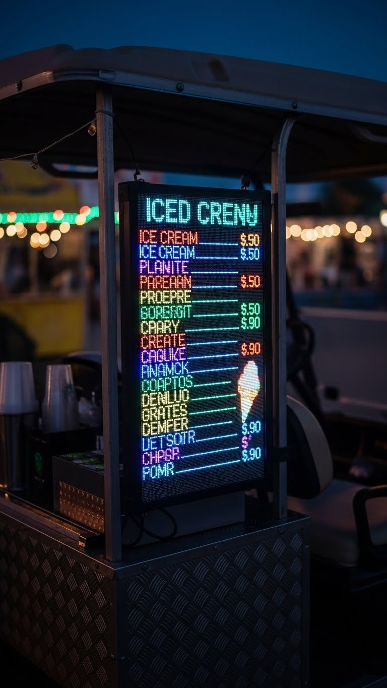 Illuminated Led Menu Board Displaying Ice Cream Options On Golf Cart Side With Vibrant Lighting Against Night Market Background.